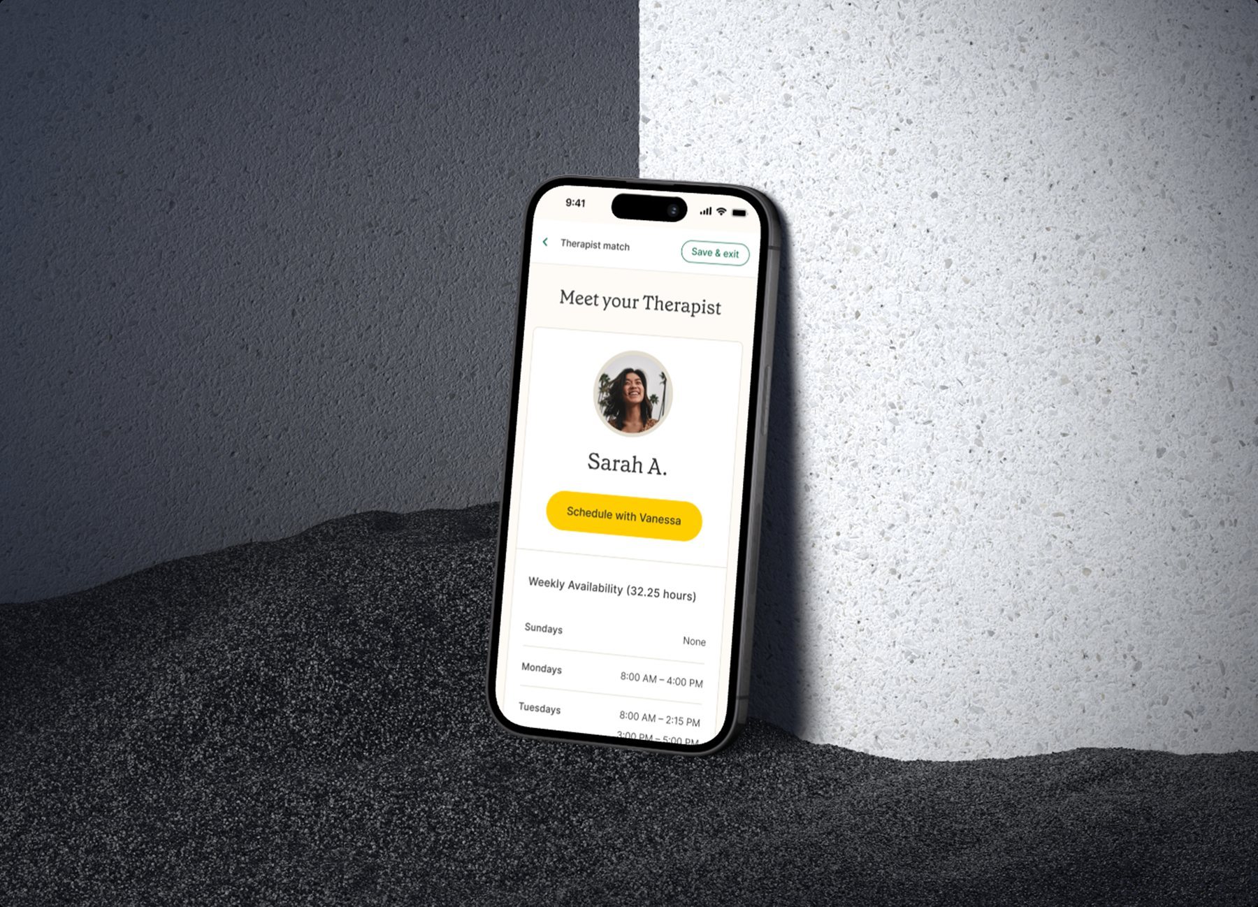 Elemy app on a phone, showing the Meet your Therapist screen