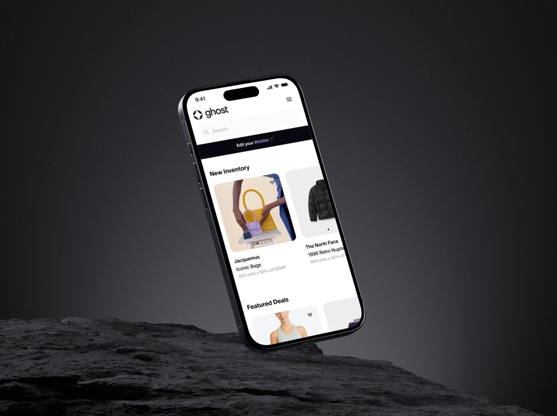 Ghost mobile app on a phone, showing new inventory and featured deals