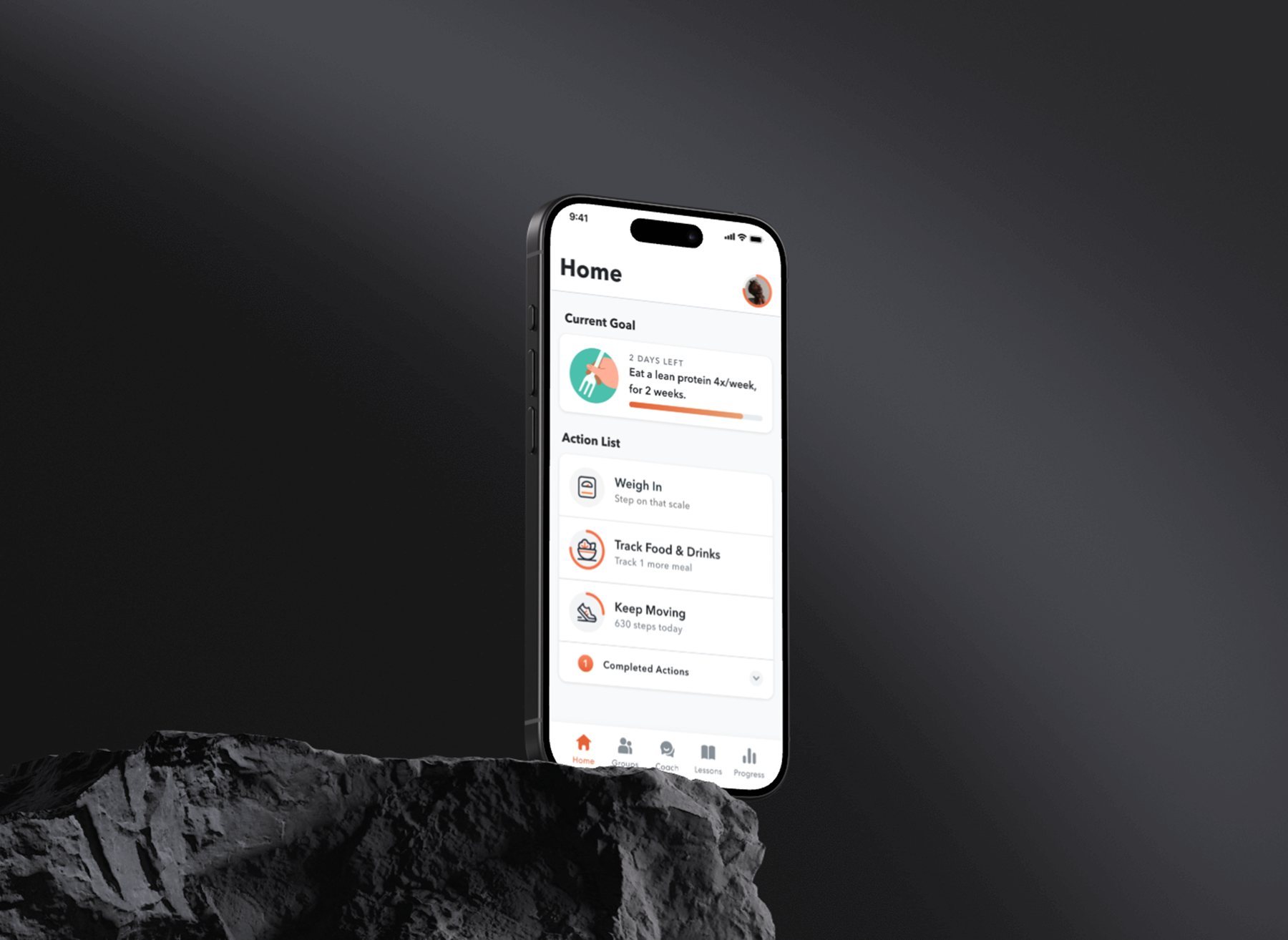 Omada app on a phone, showing the home screen with current goal and action list