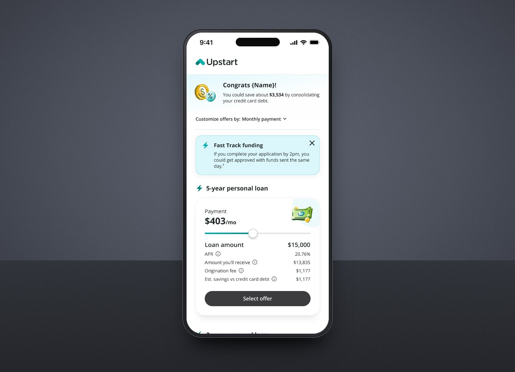 Upstart loan offers screen on a phone