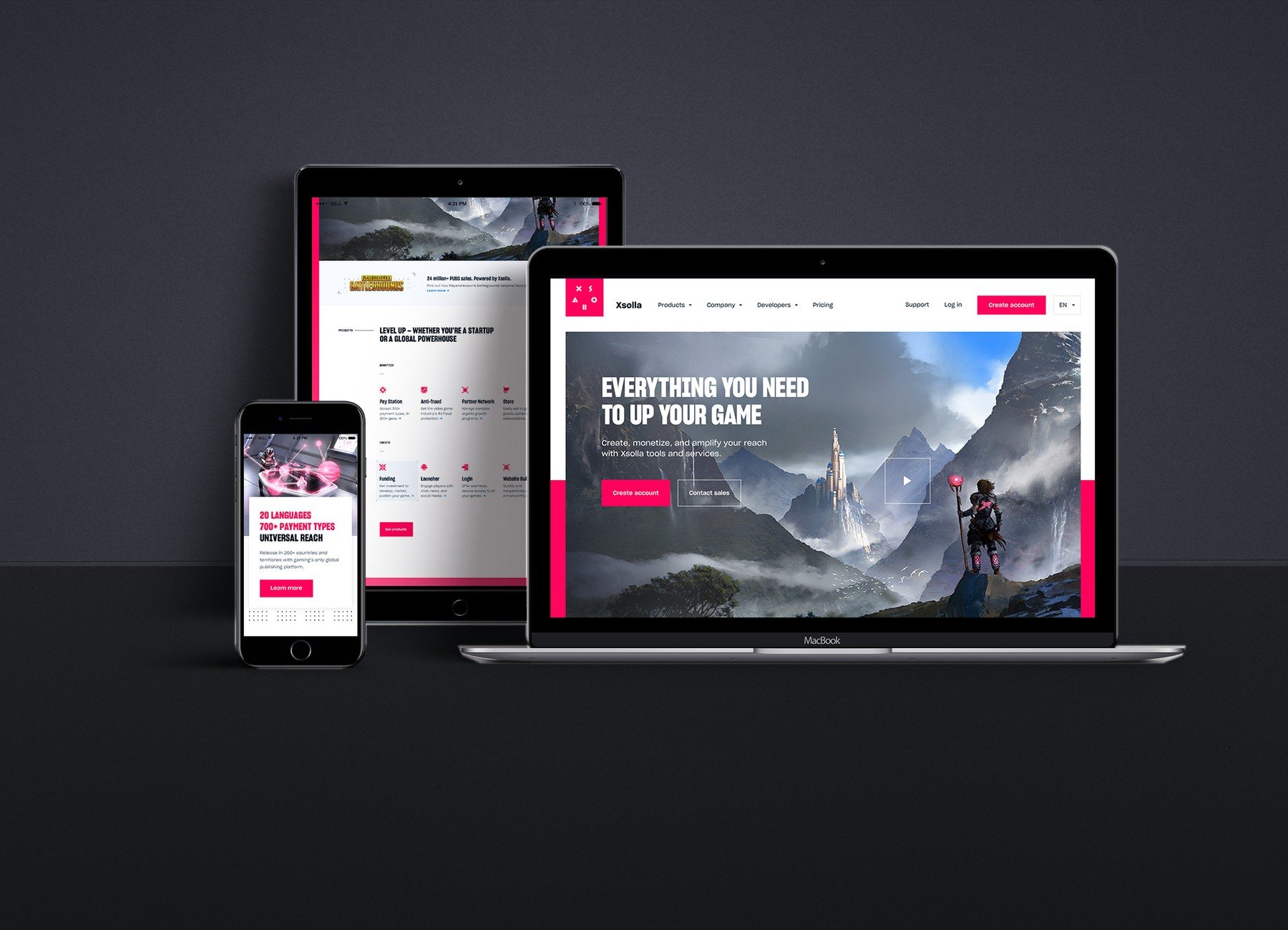 Xsolla website on a laptop, tablet, and phone